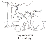 Tiny monkeys kiss fat pig