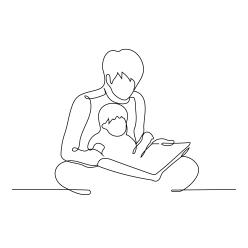 Line drawing of a parent and child reading together.