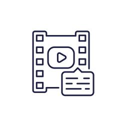 A graphic of a film strip with a play icon and a speech bubble.