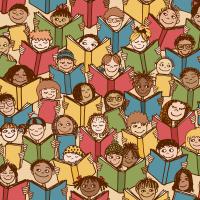 Colorful illustration of kids reading books