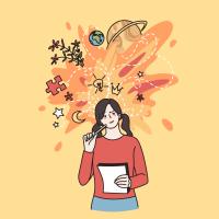 Graphic of teen with ideas floating around her head and a pen and paper in her hand