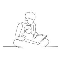 Line drawing of a parent and child reading together.